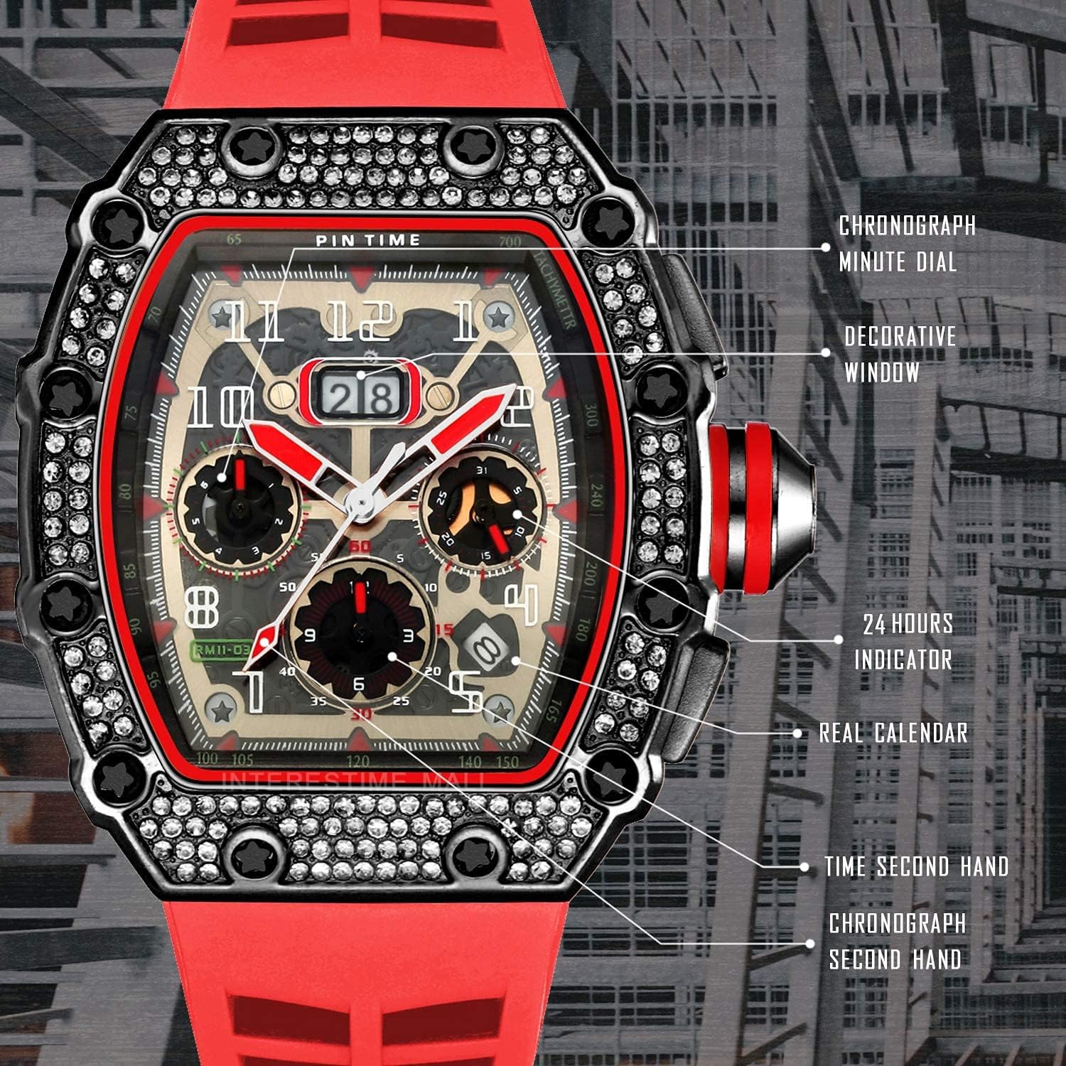 Gosasa Mens Diamond Watches Luxury Tonneau Watches for Men Analog Watch Chronograph Calendar Date Men’s Dress Business Work Watch Large Rectangle Face Wristwatch with Silicon Strap - Image 6